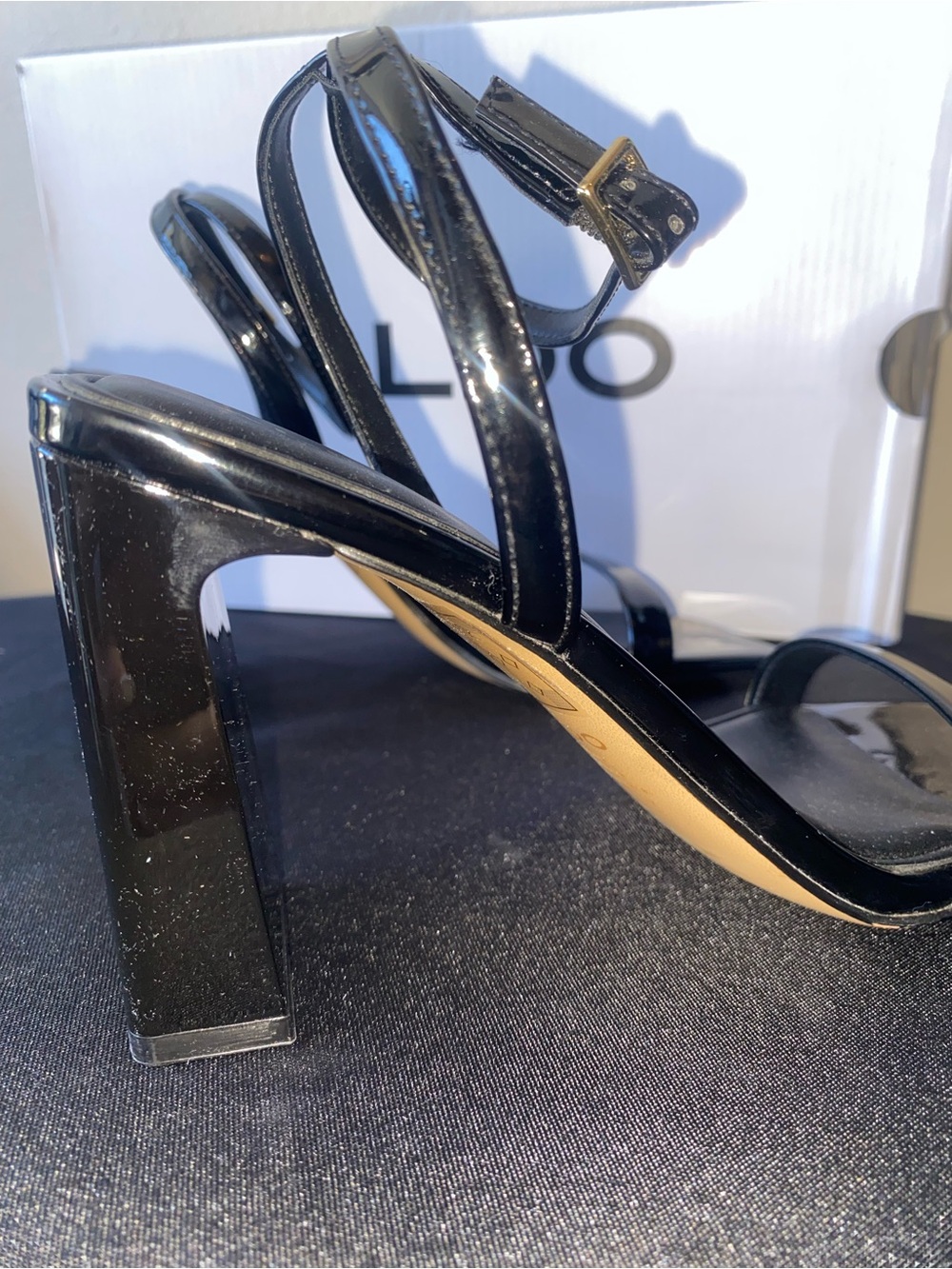 ALDO Black Patent Square Block Heel Sandals with Ankle Strap BRAND NEW - Picture 9 of 9